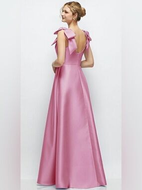 ALFRED SUNG Pink Satin Maxi Dress with Bow Shoulders